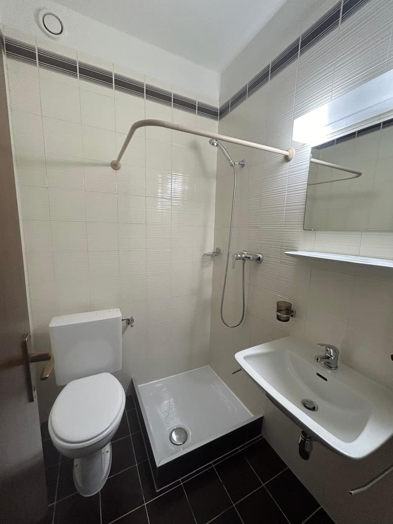 The image shows a bathroom with white tiles, a toilet, a sink, and a shower curtain rod. The bathroom appears to be clean and well-maintained.