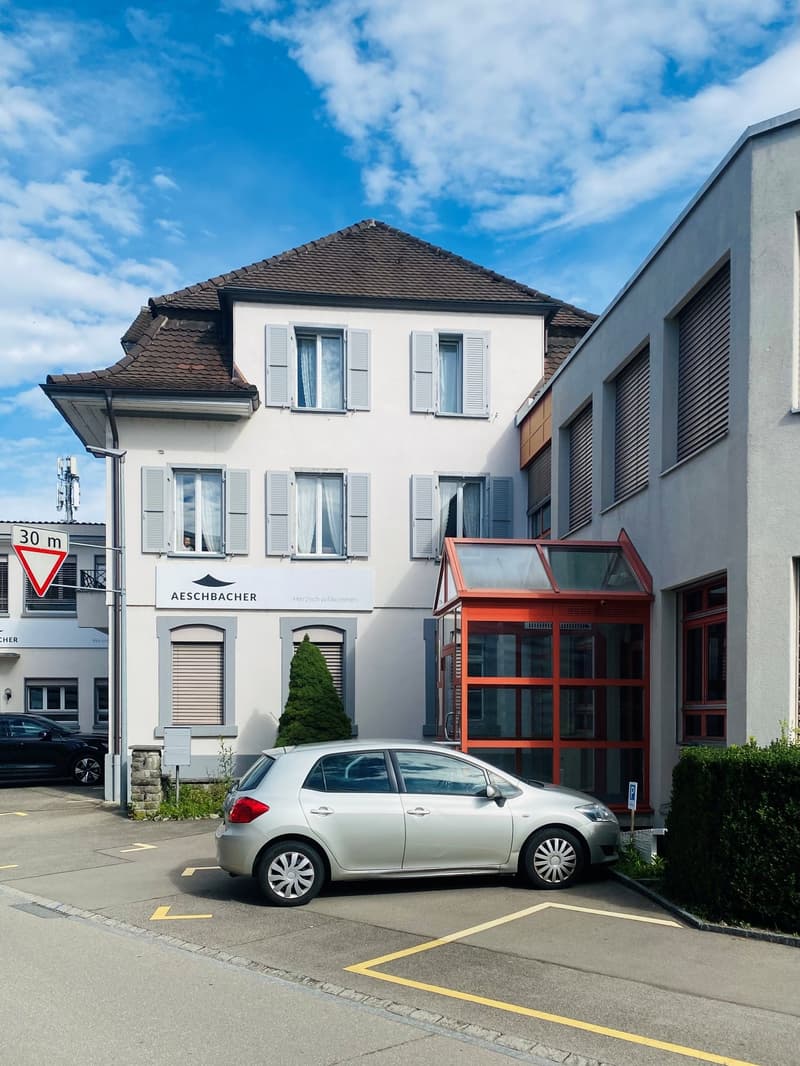 2 story house, brown roof, white walls, grey shutters, windows, car parked in front, red entrance glass