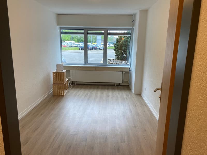 Empty room, wooden floor, large window, radiator