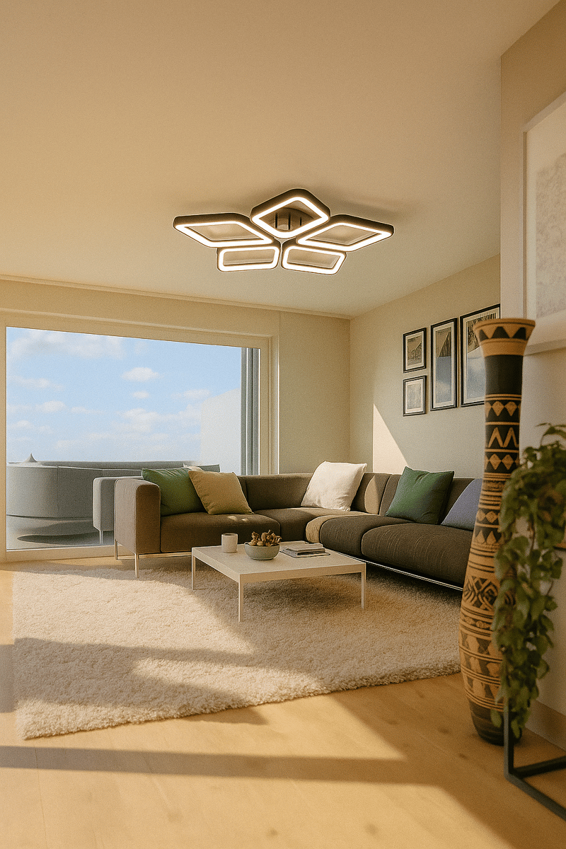 living room, modern design, gray sectional sofa, coffee table, white rug, large window, modern ceiling light, indoor plant