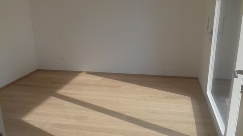 Empty room with light hardwood flooring and white walls. The room appears to be a bedroom or living space with a window providing natural light.