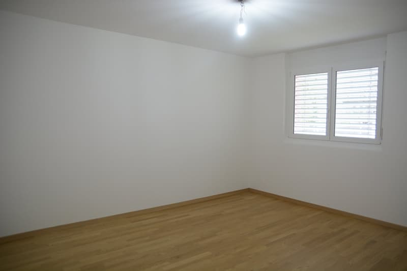 empty room, white walls, wooden floor, white window with shutters