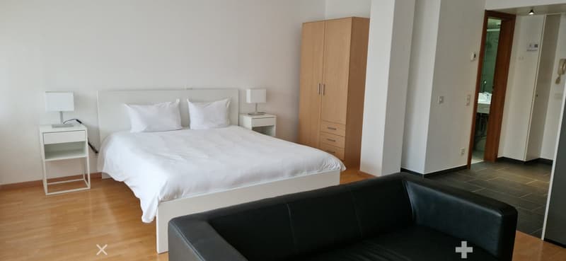 White bed, wooden cabinet, black leather sofa, wooden floor, lamps, white nightstands