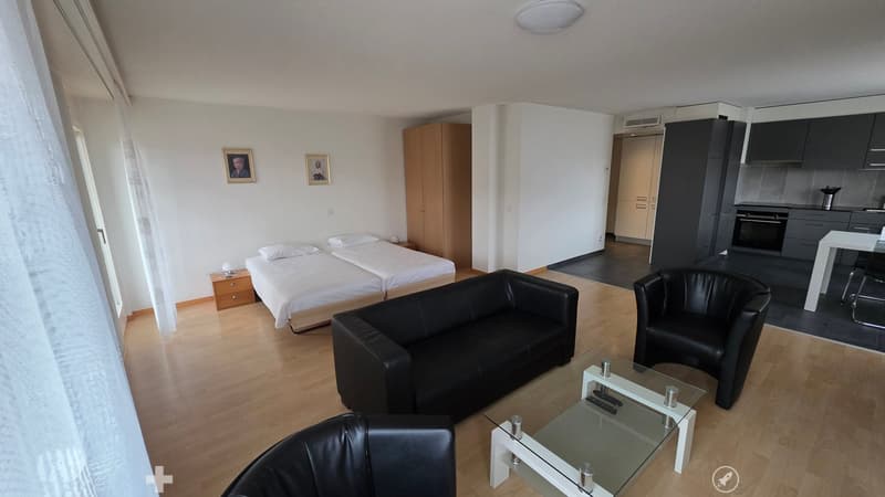 modern furniture, hardwood floor, two twin beds, leather couch, chair, table, kitchen, picture frames