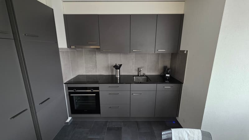 modern gray kitchen with integrated dishwasher, washing machine, and oven, black countertops, stainless steel sink and faucet
