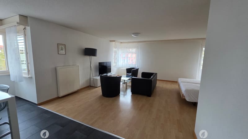 2 single beds, 2 black arm chairs, black lamp, tv stand, TV, glass table, white radiator, wall picture
