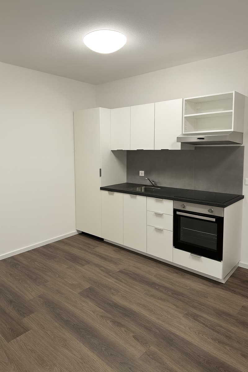 kitchen with stove and oven, sink, cabinets, countertop, faucet, ceiling lamp
