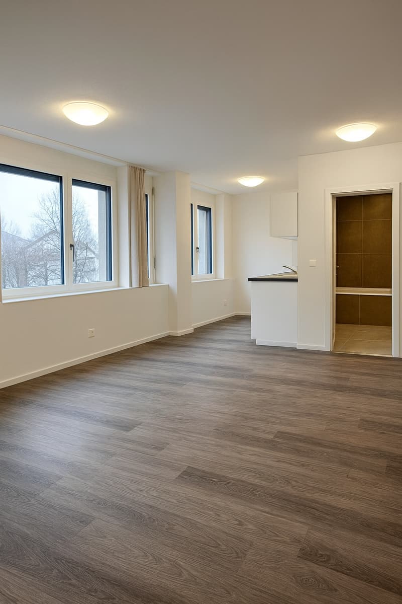 large windows, vinyl flooring, empty space, modern lighting