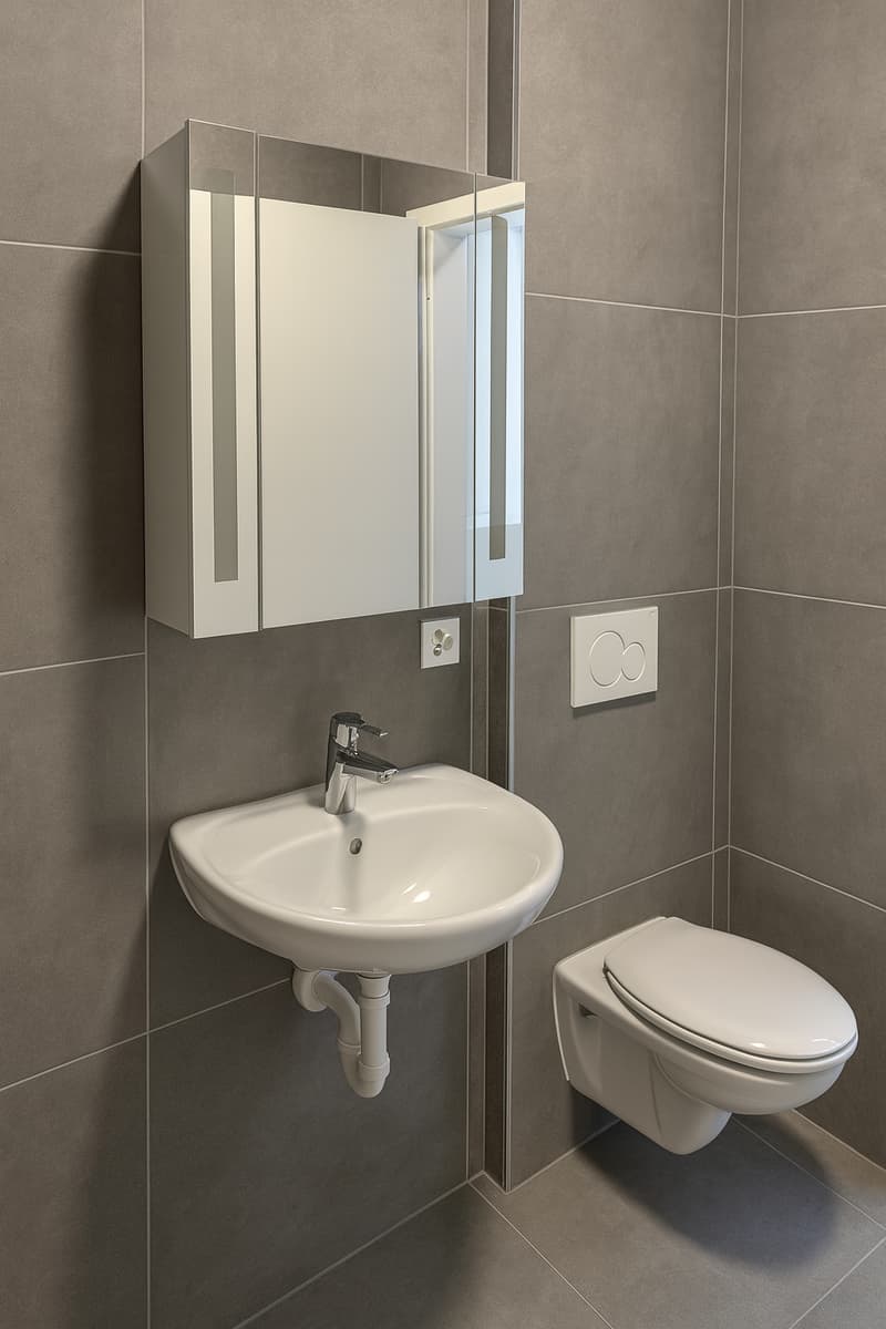 bathroom with wall-mounted cabinet, toilet, sink, grey tiles, white walls