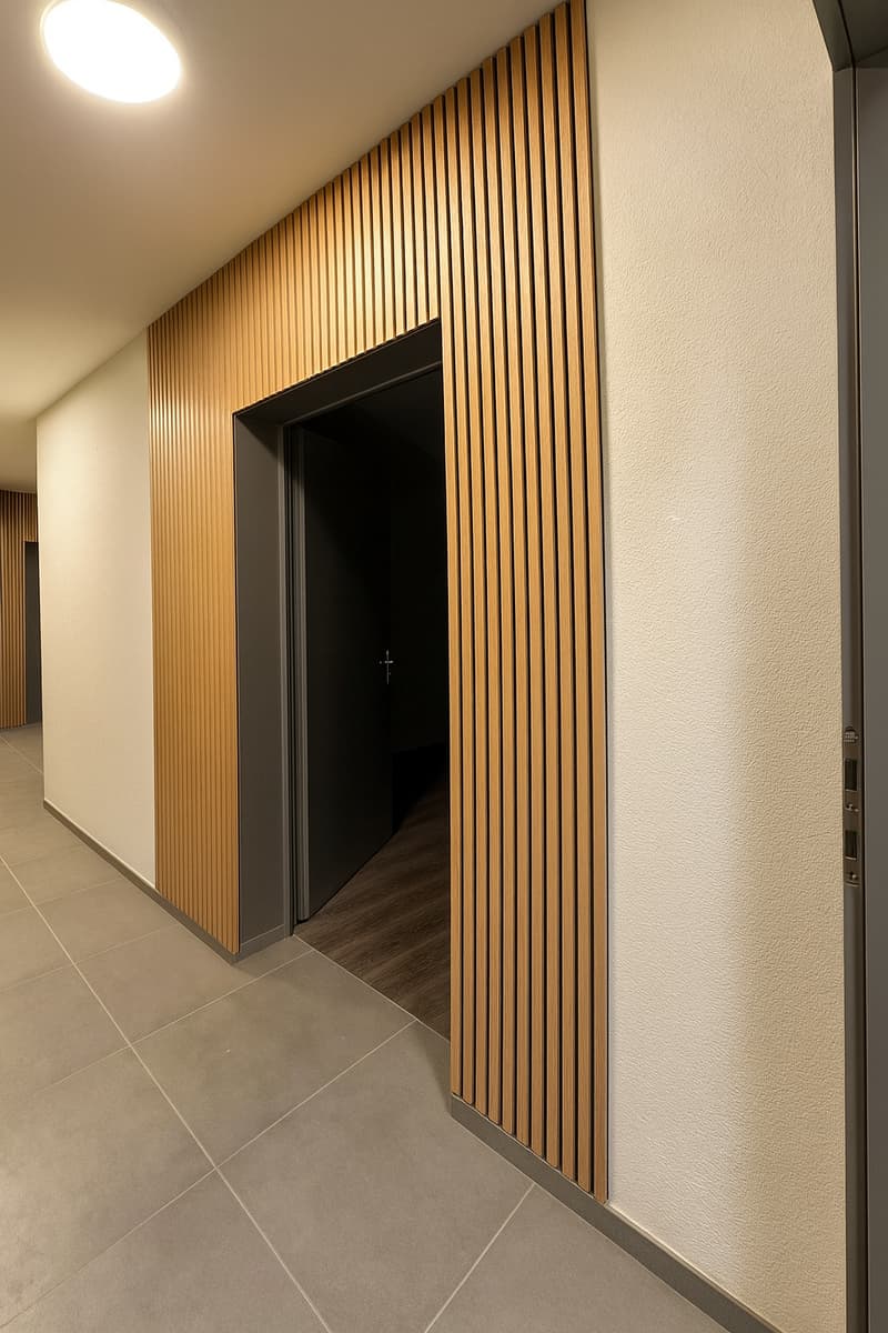 open door, wooden wall, tiled floor, gray wall, gray floor
