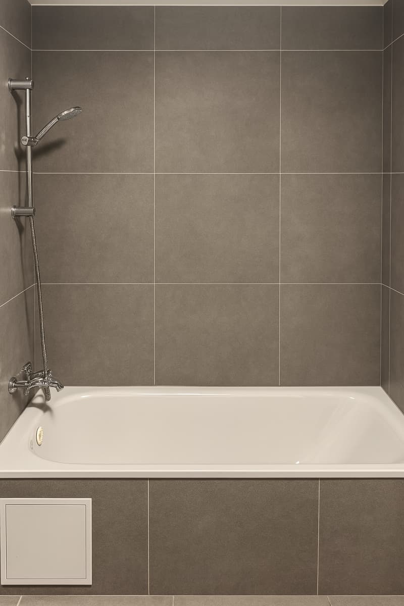 bathroom with tub and shower, tiled walls, silver faucet, drain