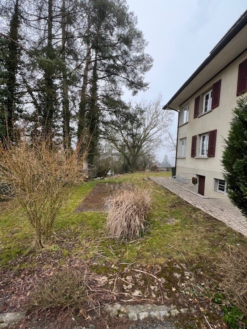 A house on a hill with a garden, grass, some bushes, and trees. There is a path leading to the entrance.