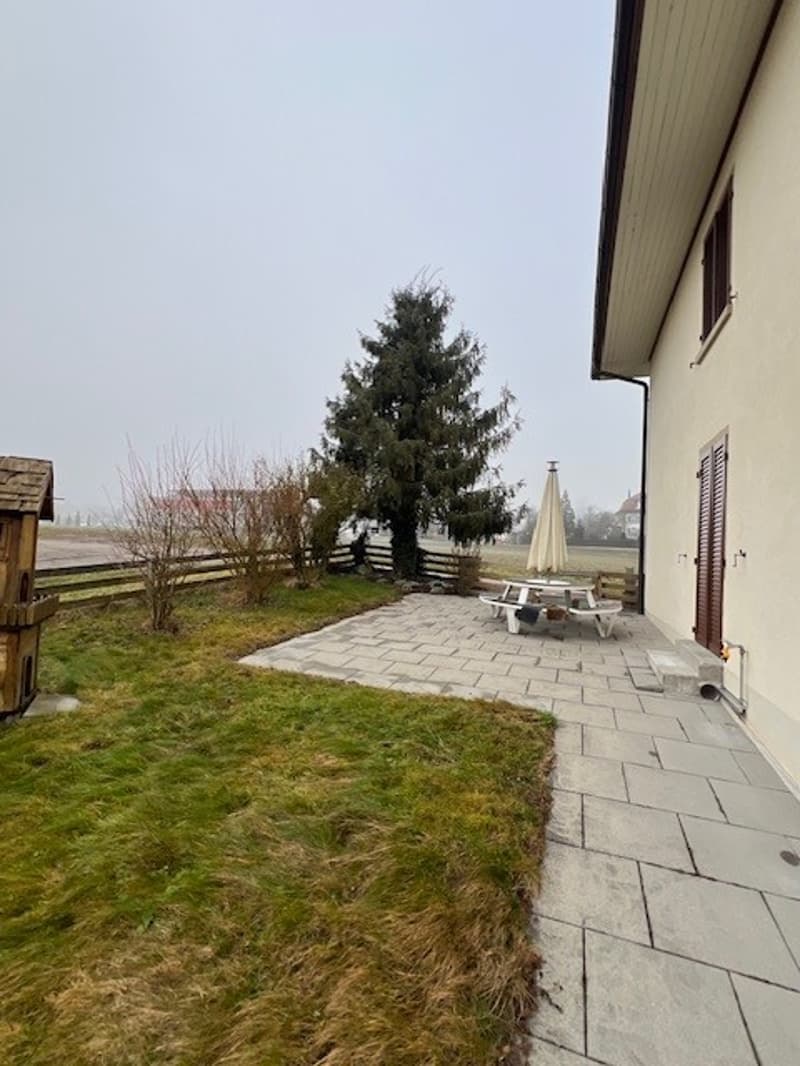 House exterior with raised ground floor, wooden birdhouse, pathway, garden with lawn and bushes, fence, a table and chairs, an umbrella, and distant views of a house and fields.