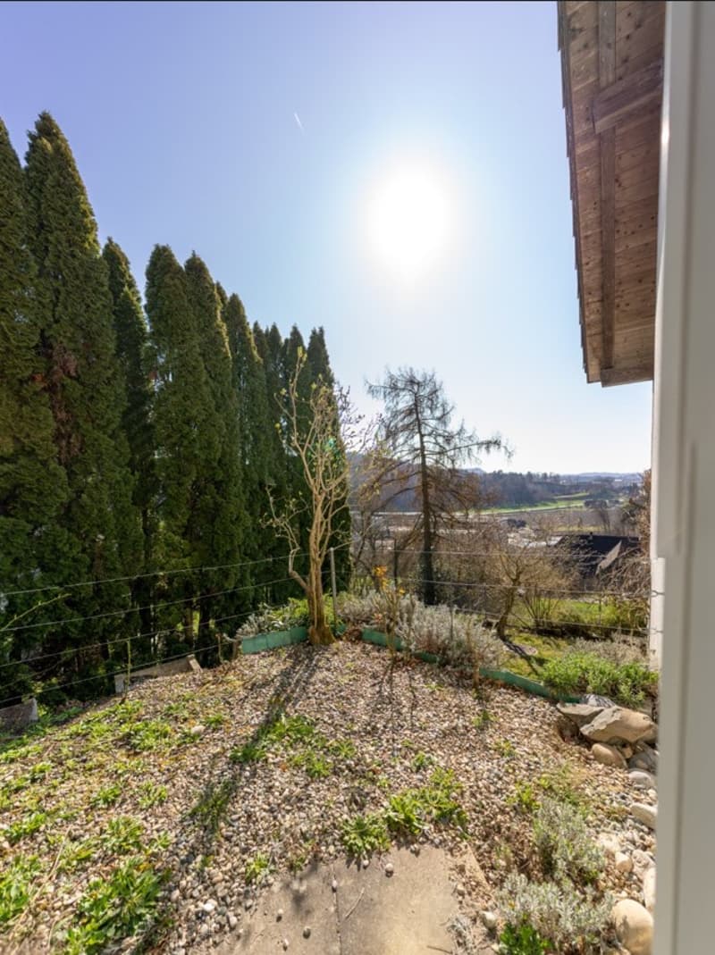 Garden with gravel path, small trees, shrubs, and a fence, with a view of the surrounding landscape