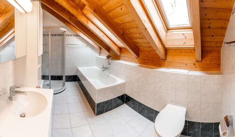 Bathroom with bathtub, shower, toilet, sink, wooden ceiling, white tiles, mirror