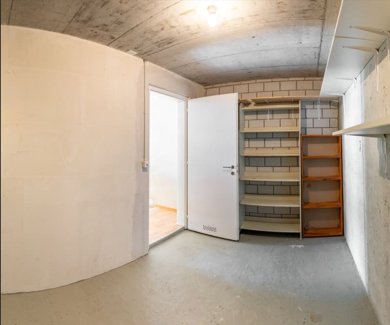 Empty room with white walls, concrete ceiling, white door, shelves, and a wooden shelf.