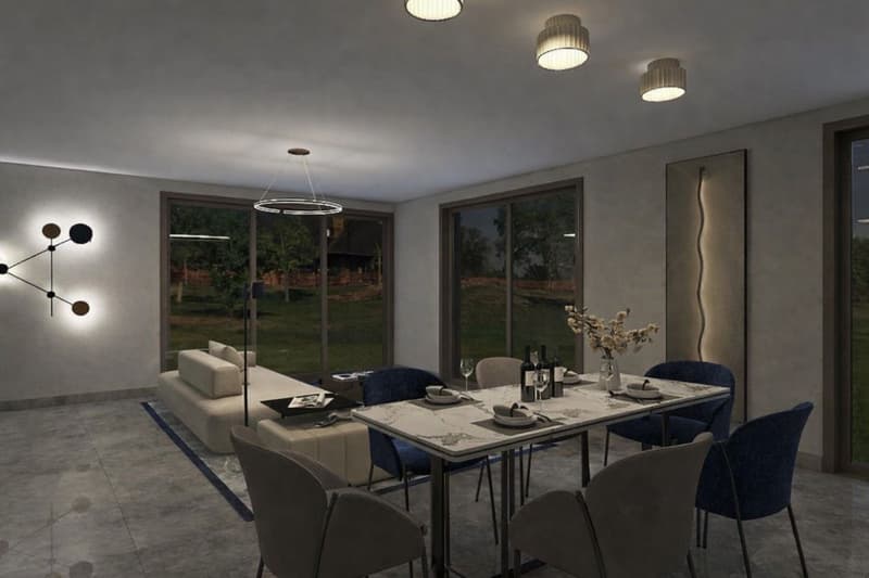 Dining room with a large table, blue chairs, a white couch, and large windows
