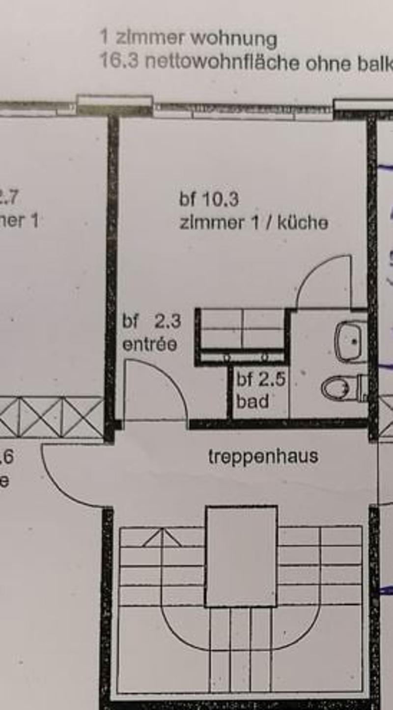 Studio with kitchenette, refrigerator, and separate WC and shower. (4)