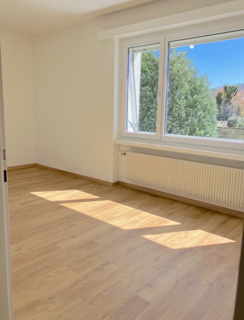 empty room, wooden floor, white walls, large window, white radiator