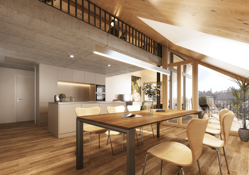 modern open space, wooden dining table, chairs, wooden floors, large windows, view to the outside, balcony, kitchen with stove, kitchen island