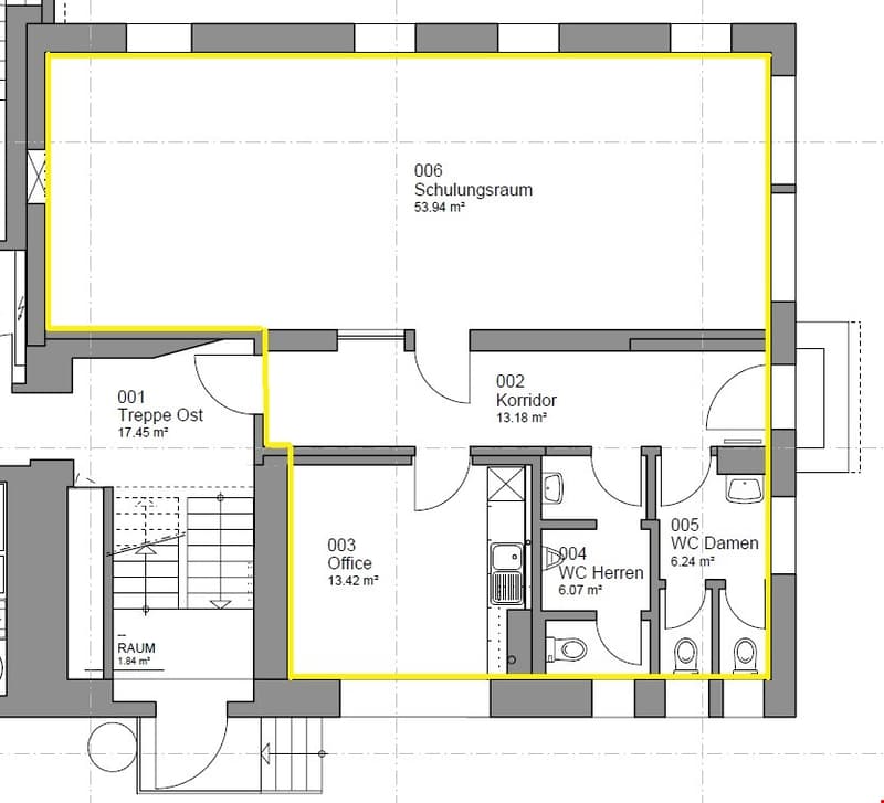 The floor plan shows a Schulungsraum (training room) of 53.94 m², a Korridor (corridor) of 13.18 m², an Office of 13.42 m², a WC Herren (men's restroom) of 6.07 m², and a WC Damen (women's restroom) of 6.24 m²