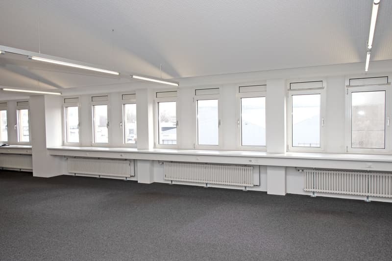 Empty room with white walls, gray carpet, large windows, white radiators, and ceiling lights