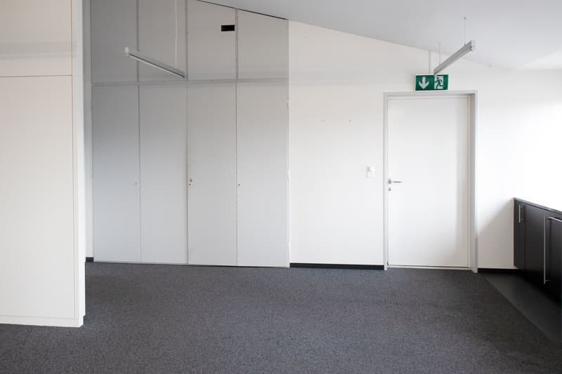 empty room, white walls, gray floor, white cabinets, white door, ceiling lights