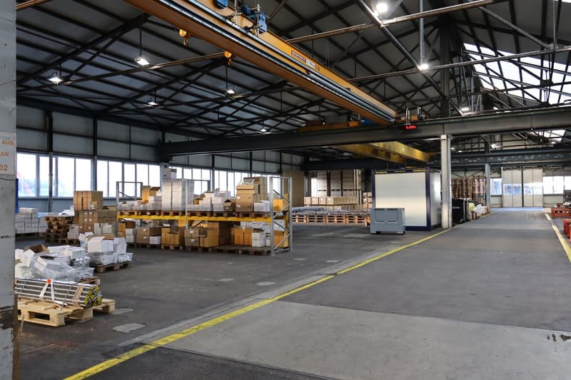 Industrial warehouse with a wide open area, lots of boxes on pallets, a metal structure with cranes, and glass windows along the walls.
