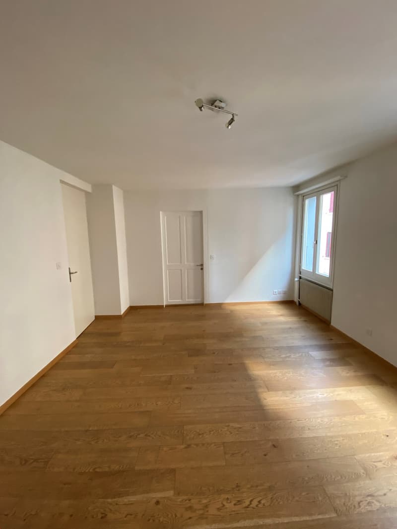 empty room, wooden floor, white walls, two doors, window, radiator
