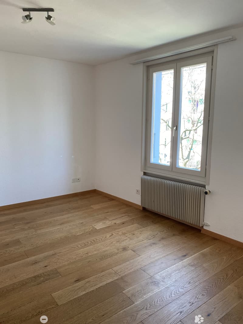 empty room, white walls, wooden floor, large window, radiator