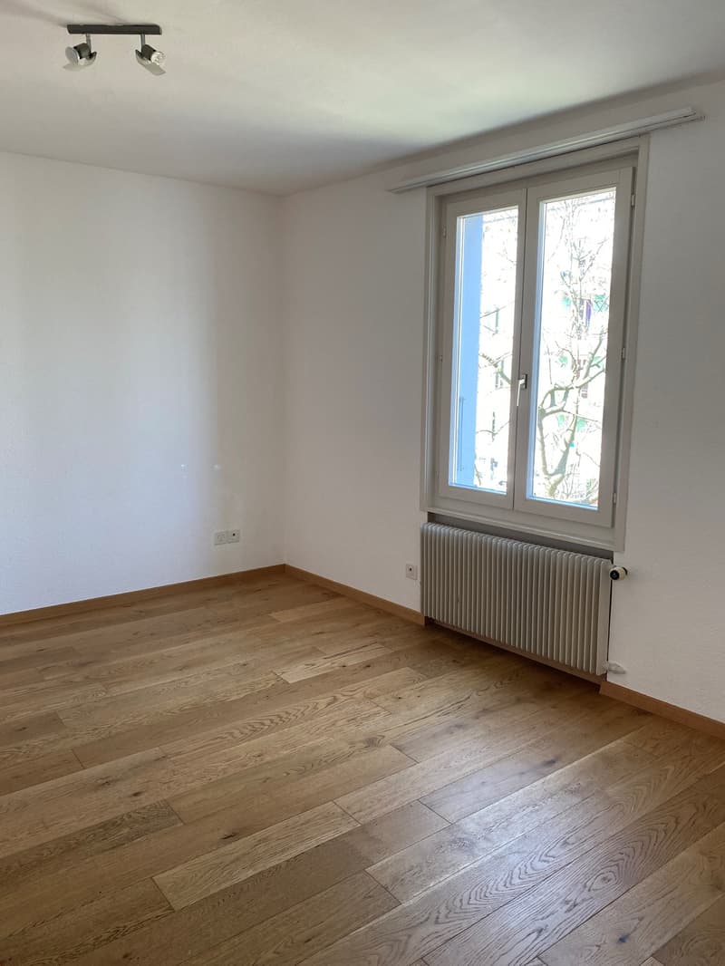 empty room, white walls, wooden floor, large window, radiator