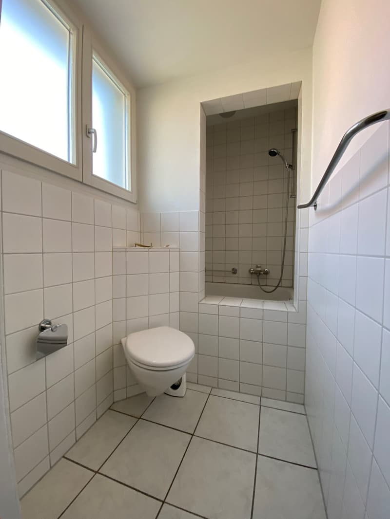 small bathroom with toilet, shower, and window