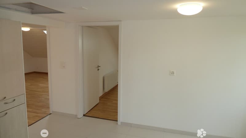 Empty room with white walls, wooden floor, white ceiling, two doors, and a white cabinet