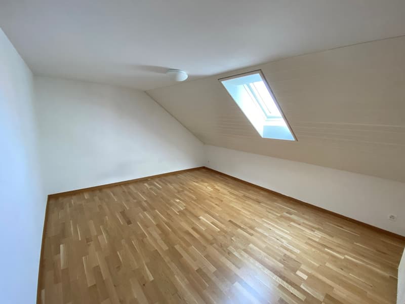 empty room, wooden floor, white walls, ceiling light, skylight
