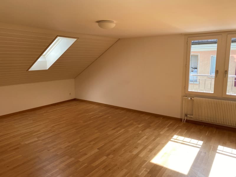 empty room, wooden floor, white walls, skylight, balcony, radiator