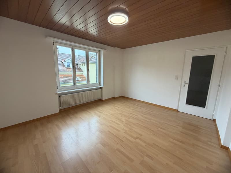 empty room, wooden floor, white walls, large window, radiator, ceiling light