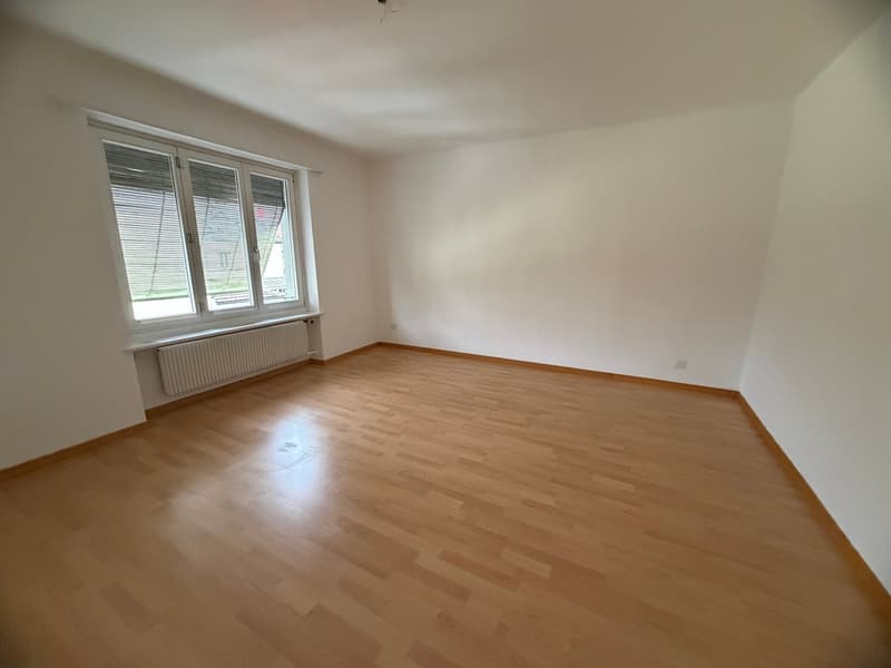 empty room, wooden floor, white walls, large window, radiator