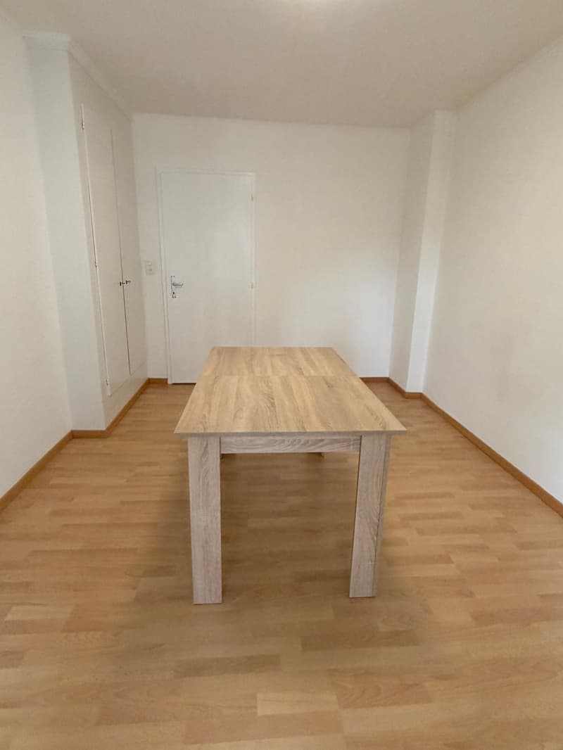 empty room, wooden floor, white walls, large wooden table, two doors