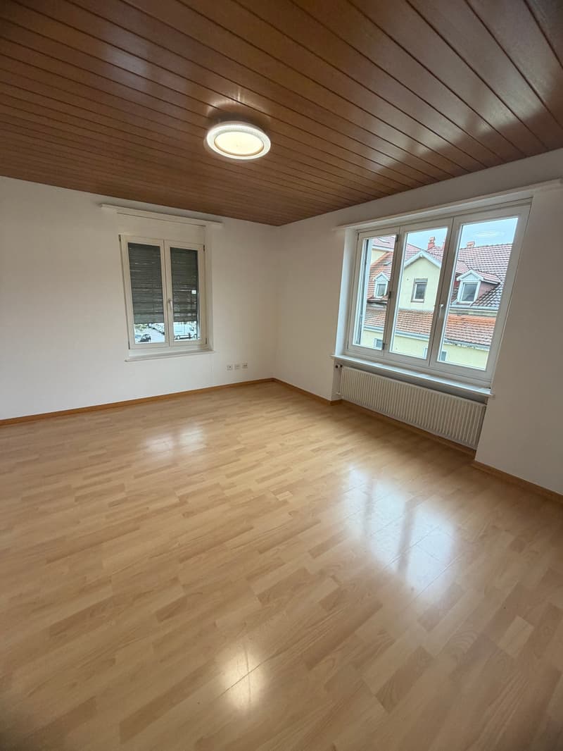 empty room, wooden floor, white walls, two windows, ceiling lamp, radiator