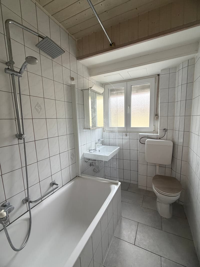 Bathroom with bathtub, sink, toilet, shower head, mirror, tiled walls and floor