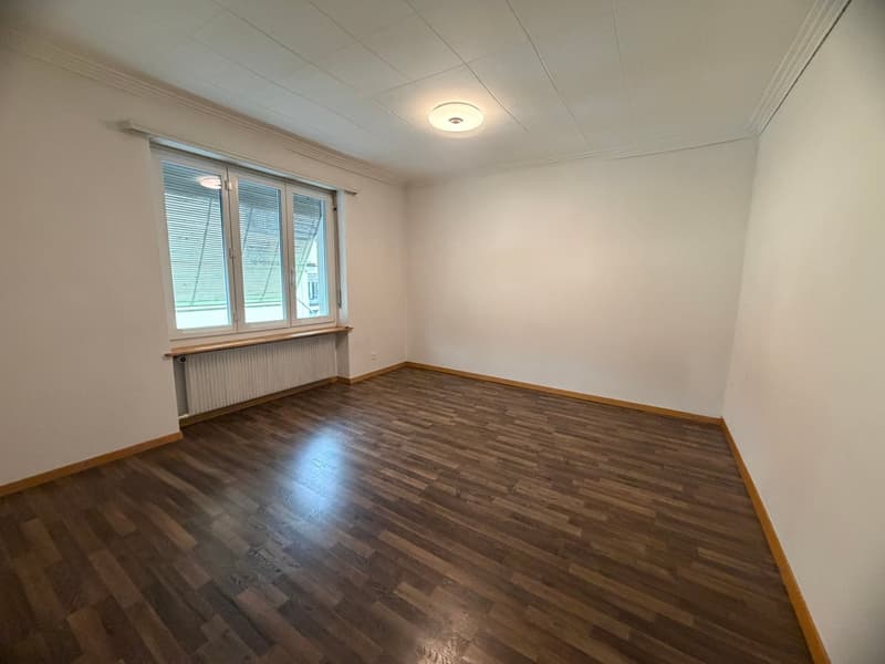 empty room, wooden floor, white walls, window with blinds, ceiling light, radiator