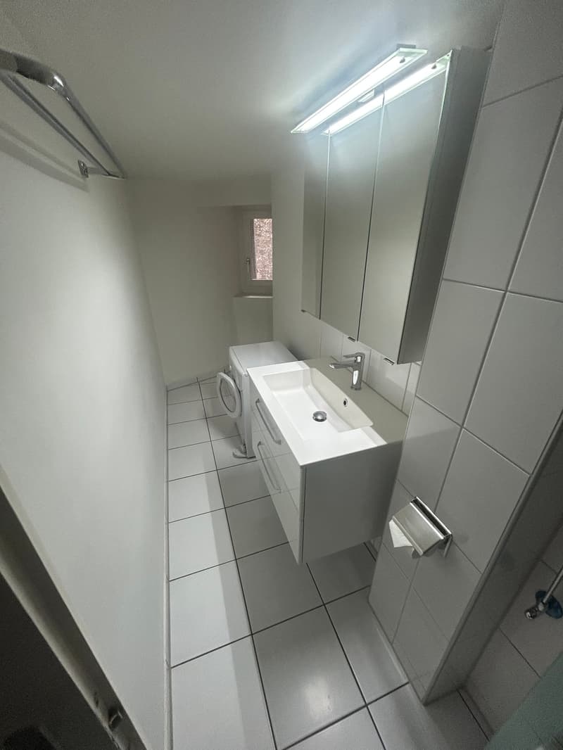 tiled bathroom with sink, washing machine, mirror, tissue holder, light above mirror