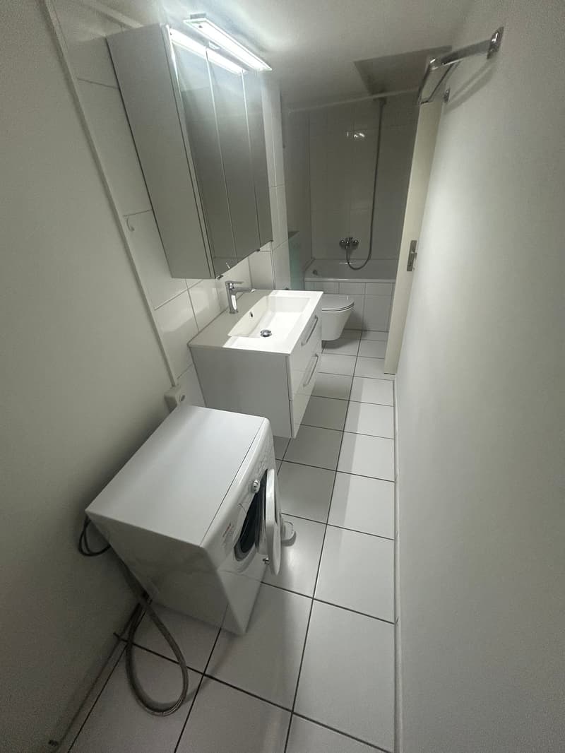 Small bathroom with washing machine, sink, mirror, toilet, shower