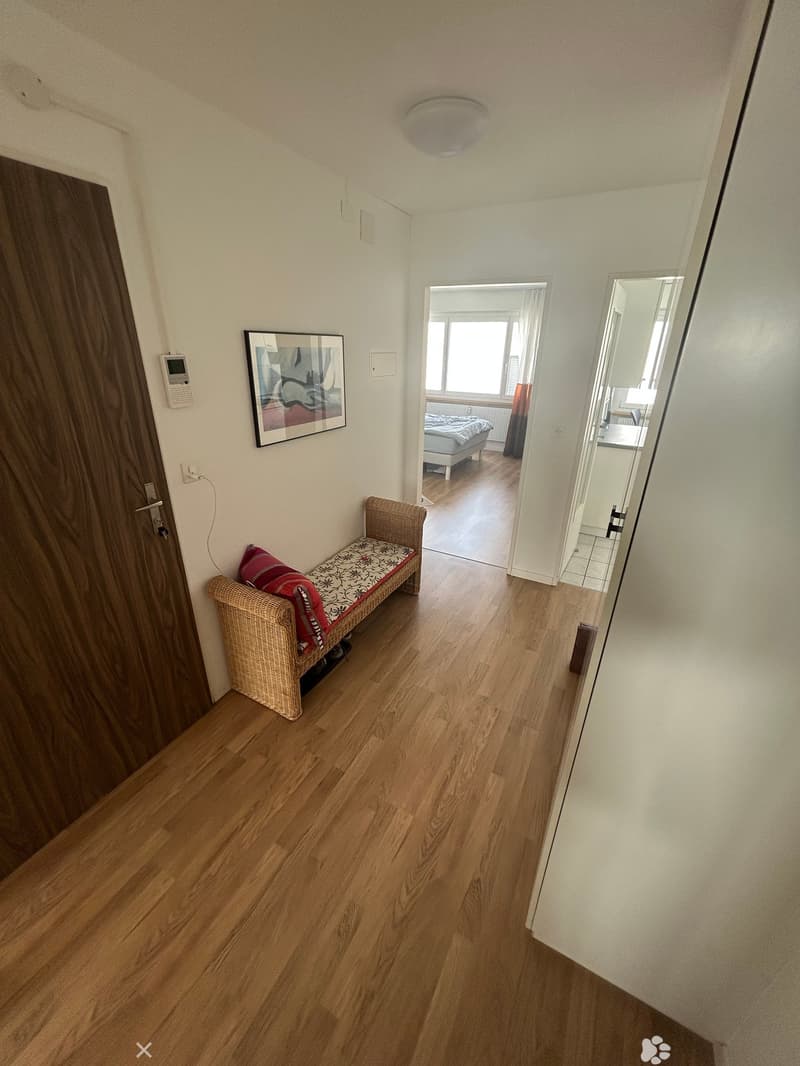 wooden floor, white walls, wicker bench, picture frame, door, hallway
