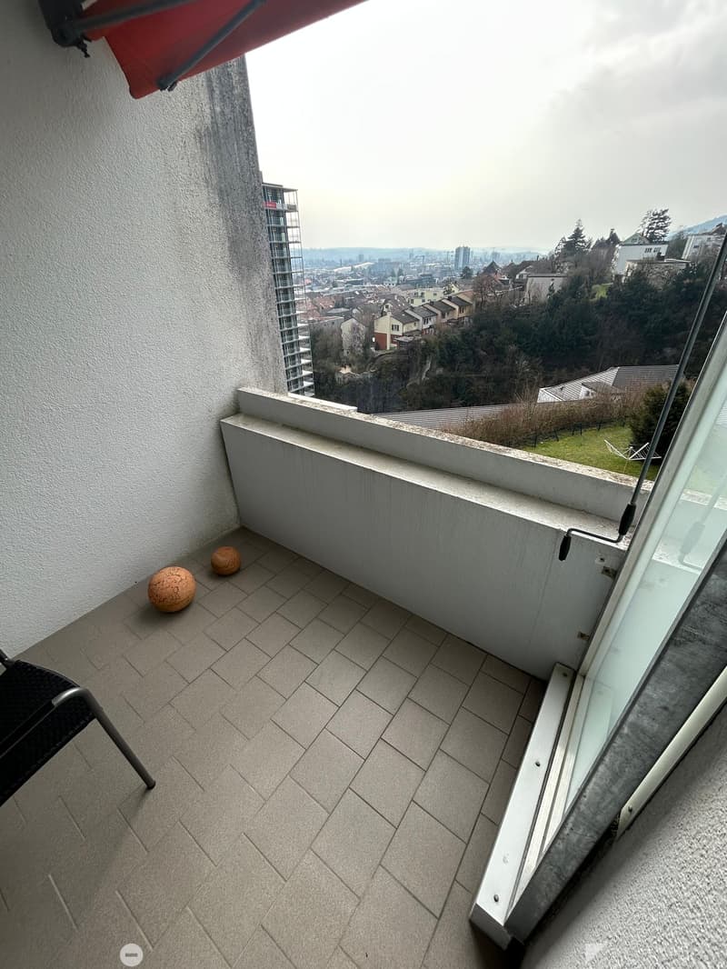 tiled floor, white walls, balcony, red awning, two decorative balls, glass door, view of the city