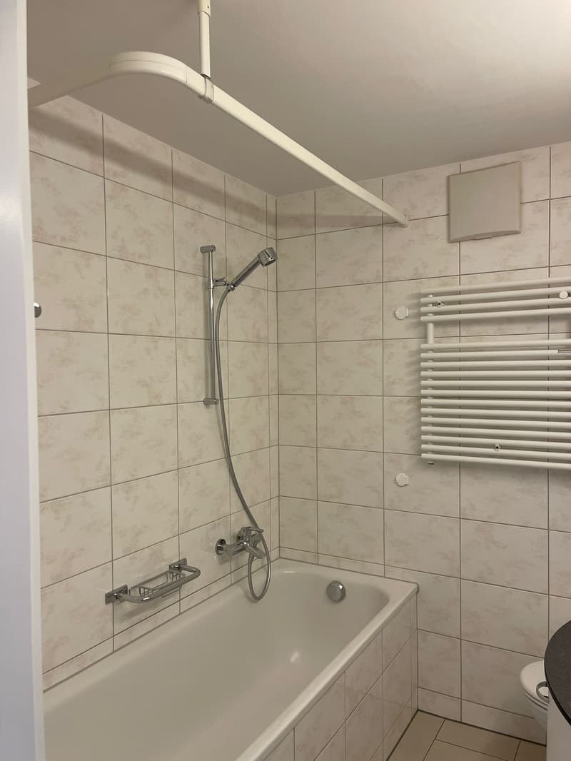 tiled walls and floor, white bathtub, shower with metal showerhead, white towel rack