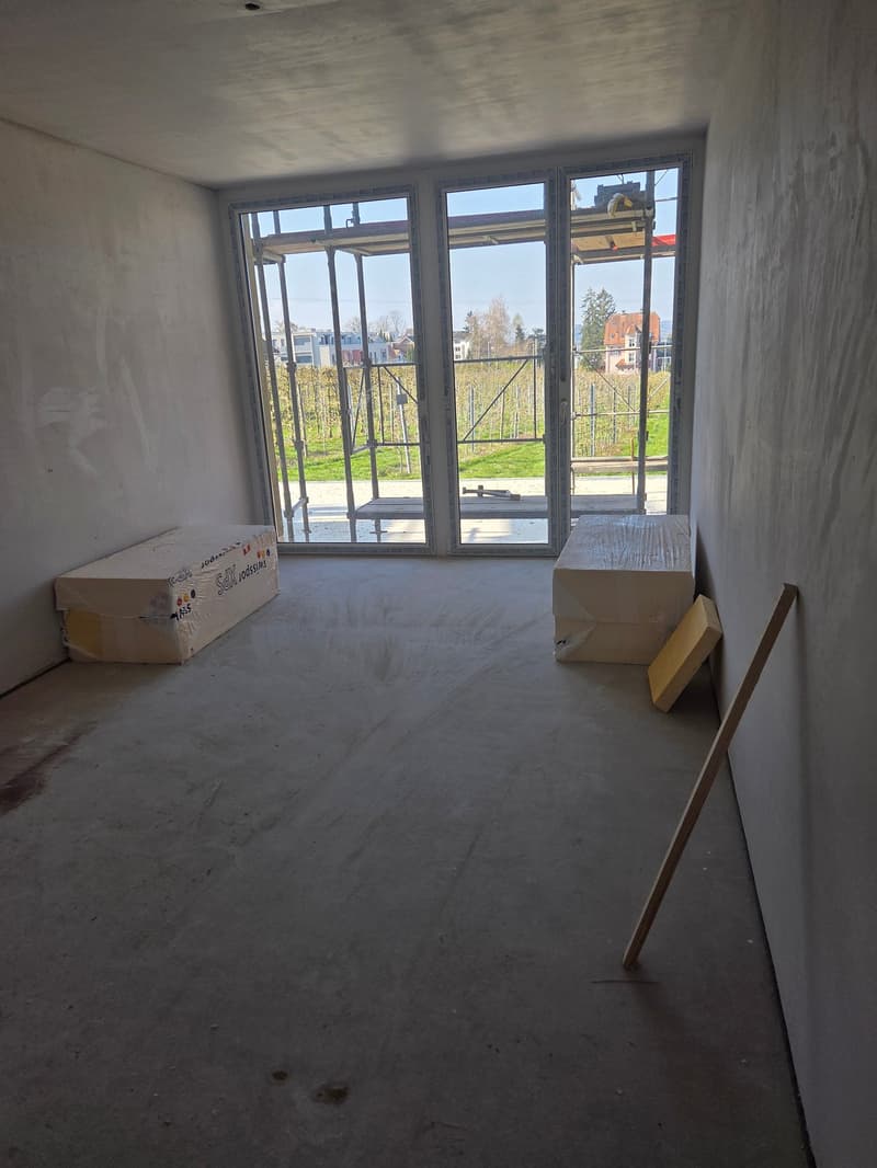 empty room, concrete floor, large glass doors, balcony, construction materials