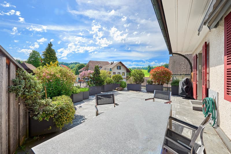 Outdoor patio with table and chairs, surrounded by potted plants, clear sky, houses in the distance