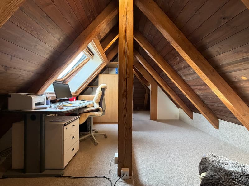 A desk with computer, printer, cup and pen, on a carpeted floor. A small cabinet with drawers is on the side of the desk. A chair is under the desk, and a window is above it. A cabinet is placed on the side of the window. Another desk and cabinet are in t