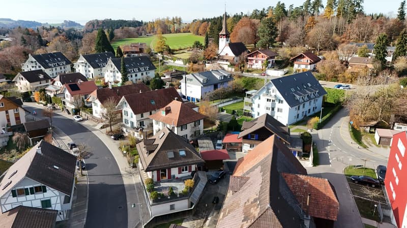 residential area with various houses of different colors, styles, and sizes, with a wide range of roofs, windows, and chimneys, cars parked around, and a church in the background